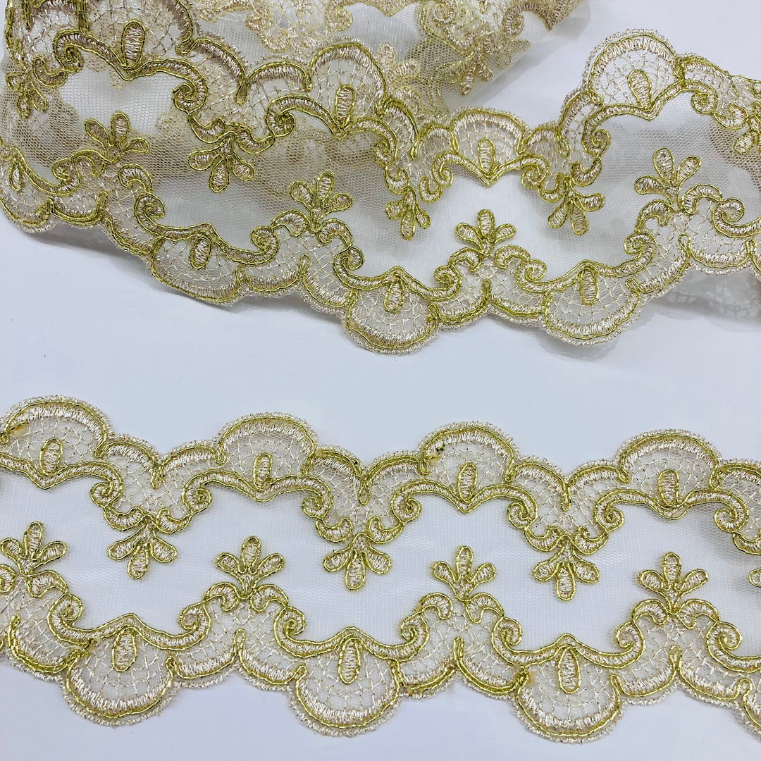 Corded & Embroidered Double Sided Gold Trimming on Mesh Net Lace. Lace USA