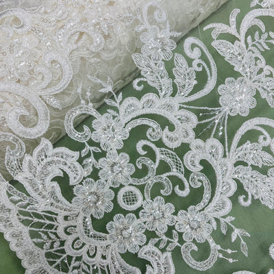 97213W-SB-Beaded & Corded Bridal Fabric Lace Embroidered on 100% Polyester Net Mesh | Lace USA