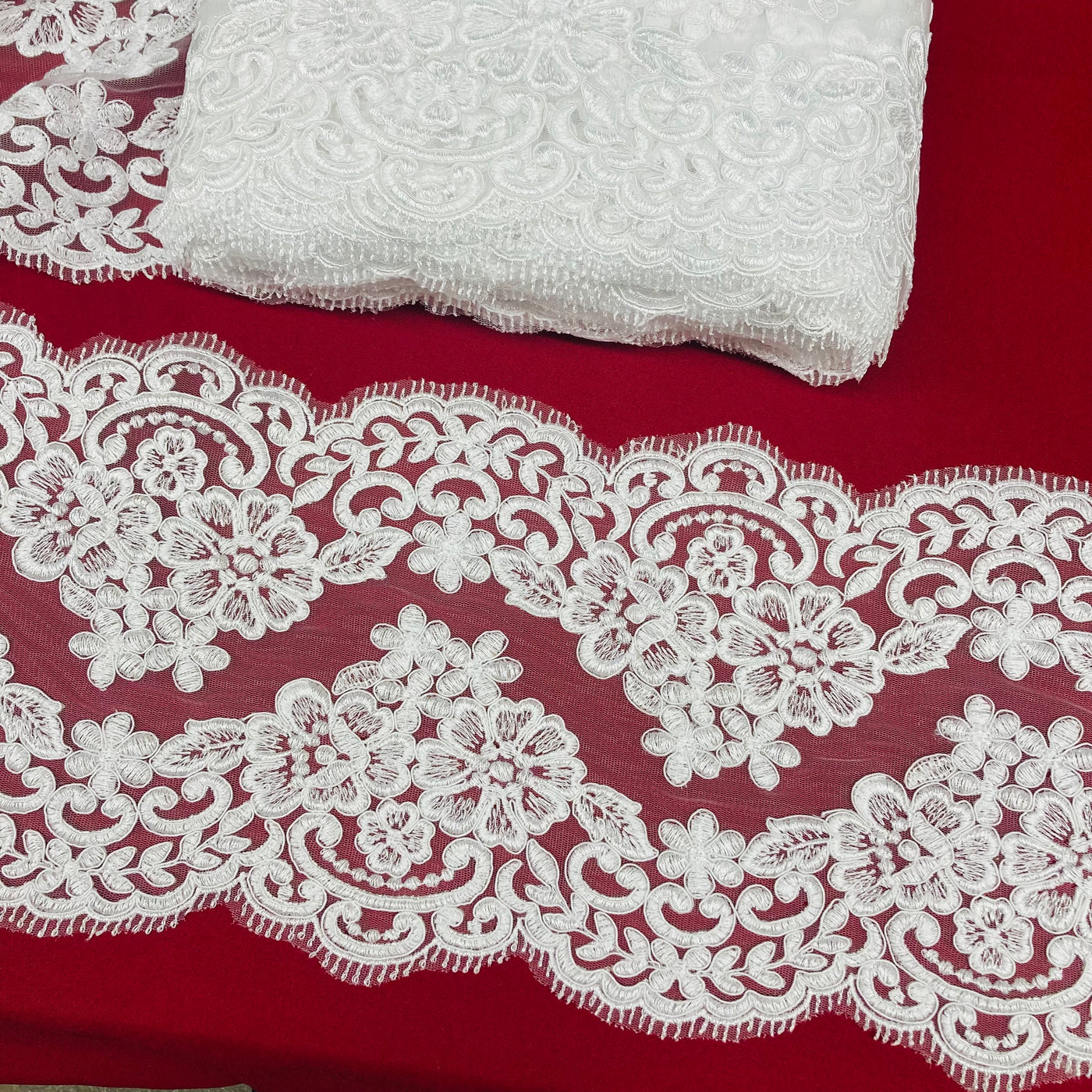 Corded & Embroidered Double Sided Trimming on Mesh Net Lace. Lace USA
