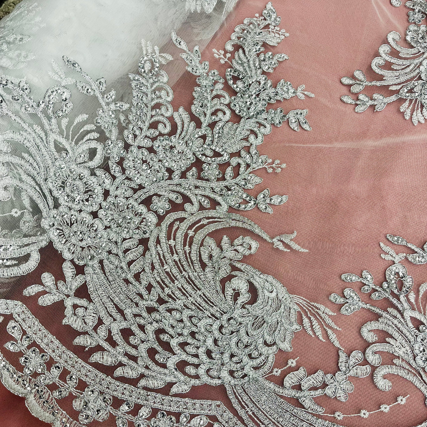 Beaded & Corded Bridal Lace Fabric Embroidered on 100% Polyester Net Mesh | Lace USA 
