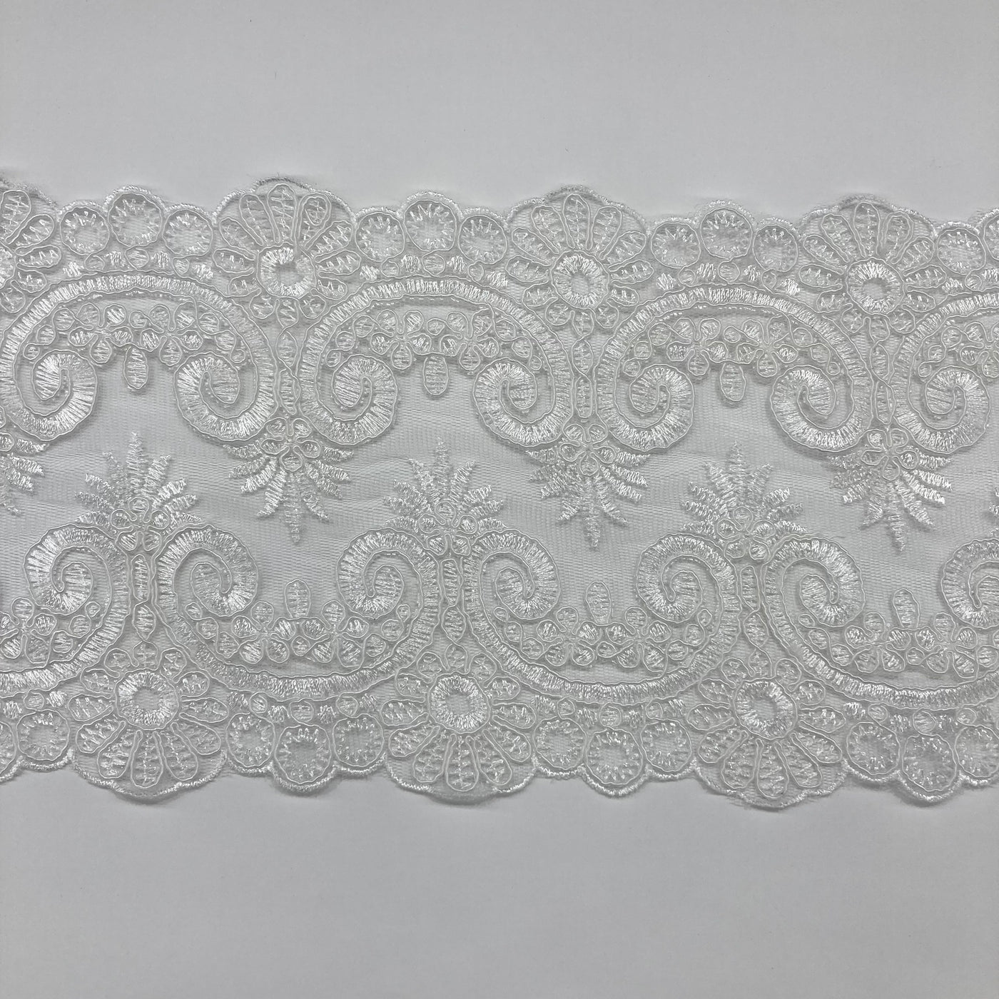 Corded & Embroidered White Double Sided Trimming on Mesh Net Lace. Lace Usa