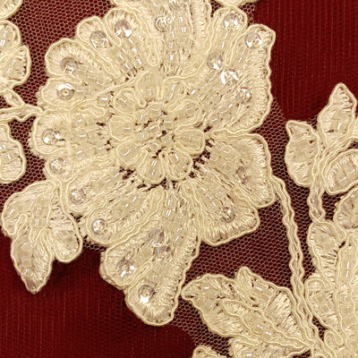 Beaded & Corded Ivory Floral Appliqué Lace Embroidered on 100% Polyester Organza or Net Mesh. This can be applied to Theatrical dance ballroom costumes, bridal dresses, bridal headbands endless possibilities.  Sold By Pair.  Lace Usa