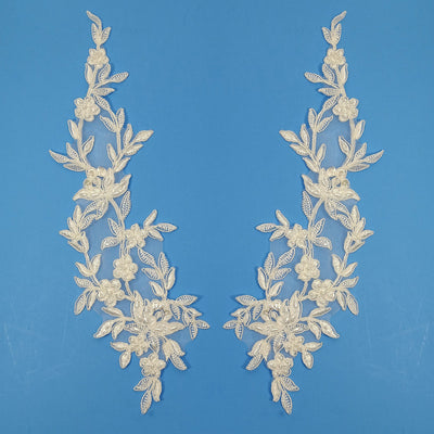 Beaded & Corded Floral Ivory Applique Lace Embroidered on 100% Polyester Organza. Sold By Pair. Lace Usa