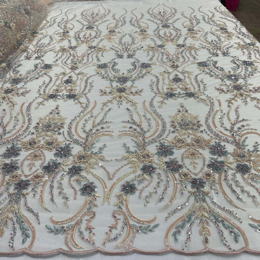 Beaded Lace Fabric Embroidered on 100% Polyester Net Mesh | Lace USA - GD-26227