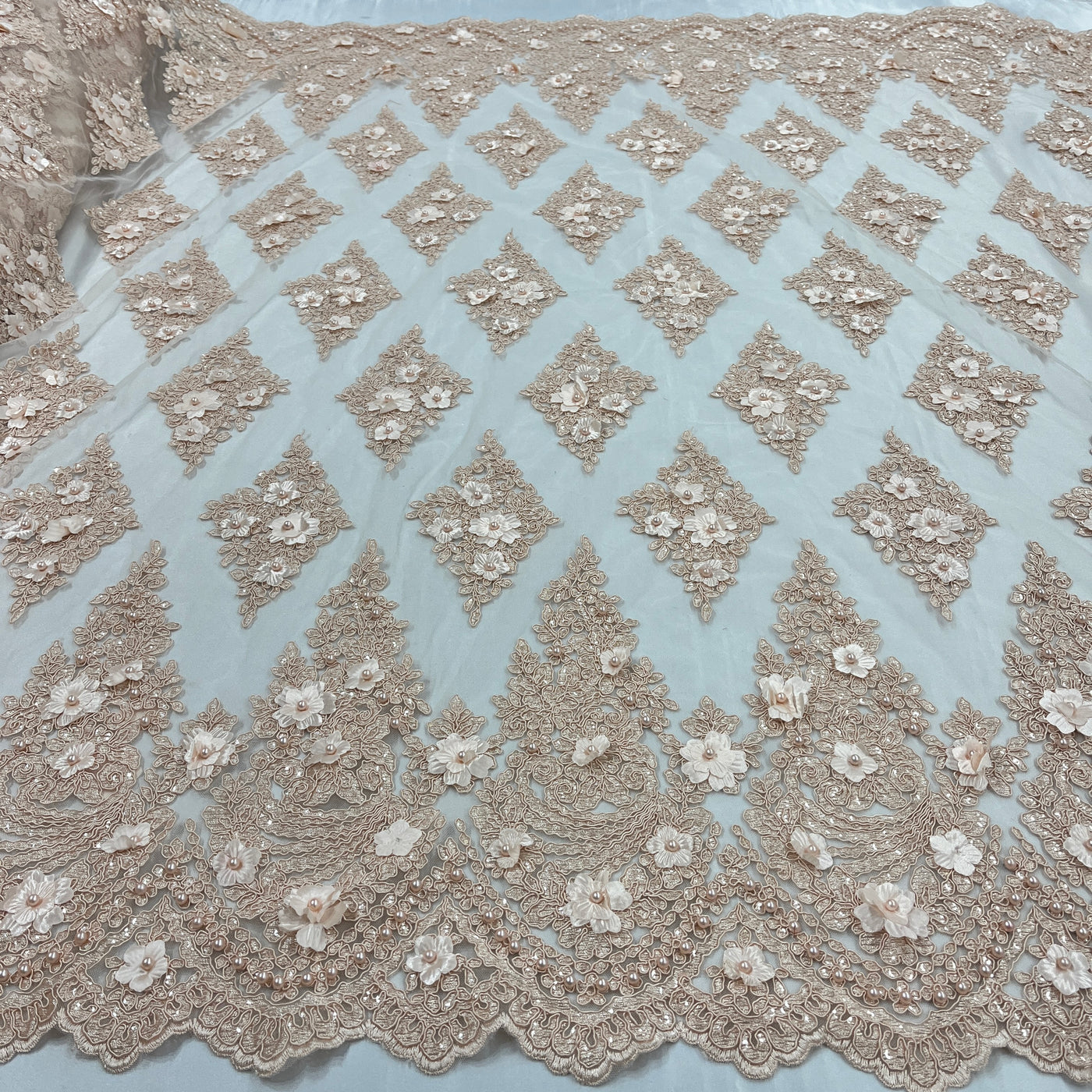 Beaded 3D Floral Lace Fabric Embroidered on 100% Polyester Net Mesh | Lace USA - GD-19211