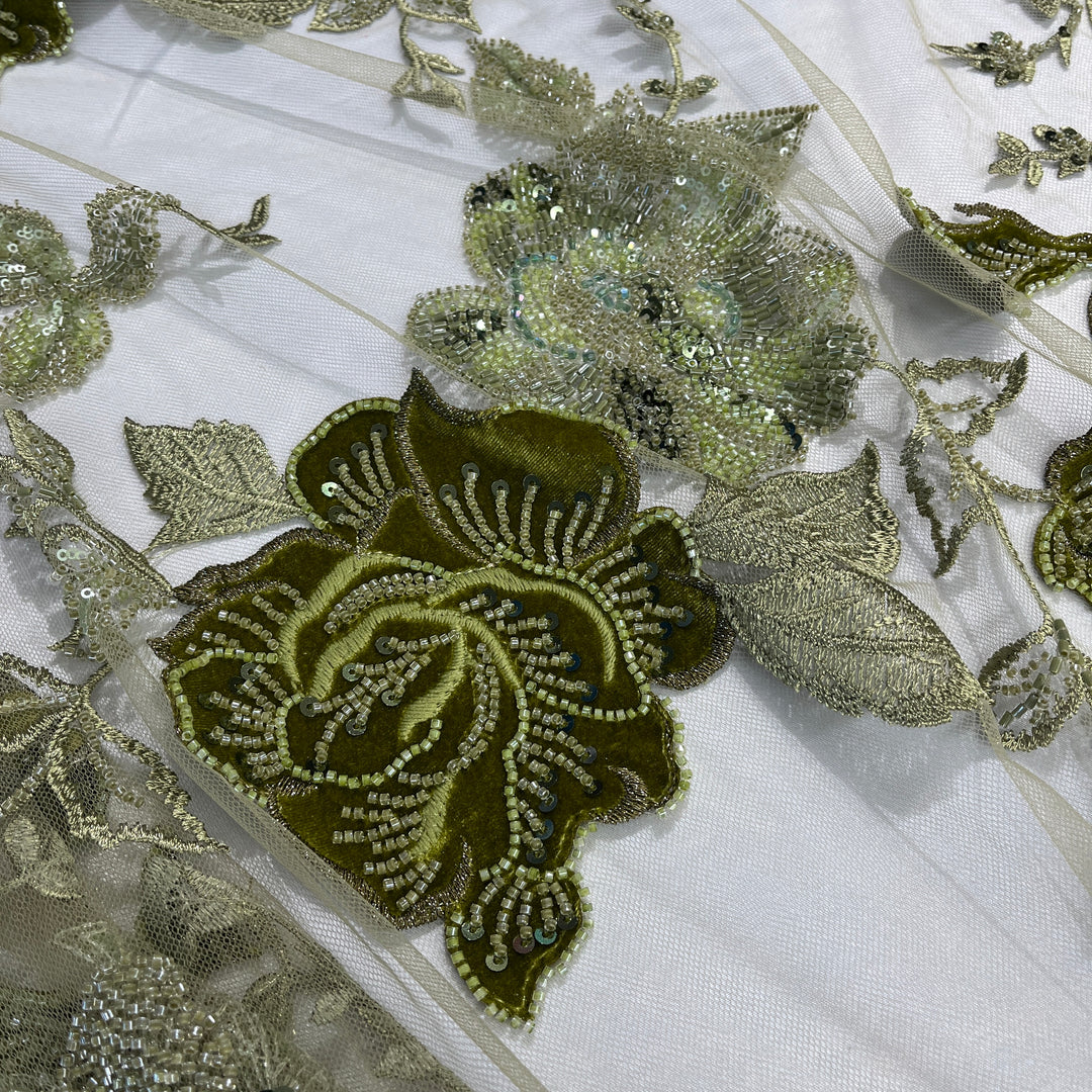 Beaded Lace Fabric Embroidered on 100% Polyester Net Mesh & Velvet | Lace USA - GD-2529