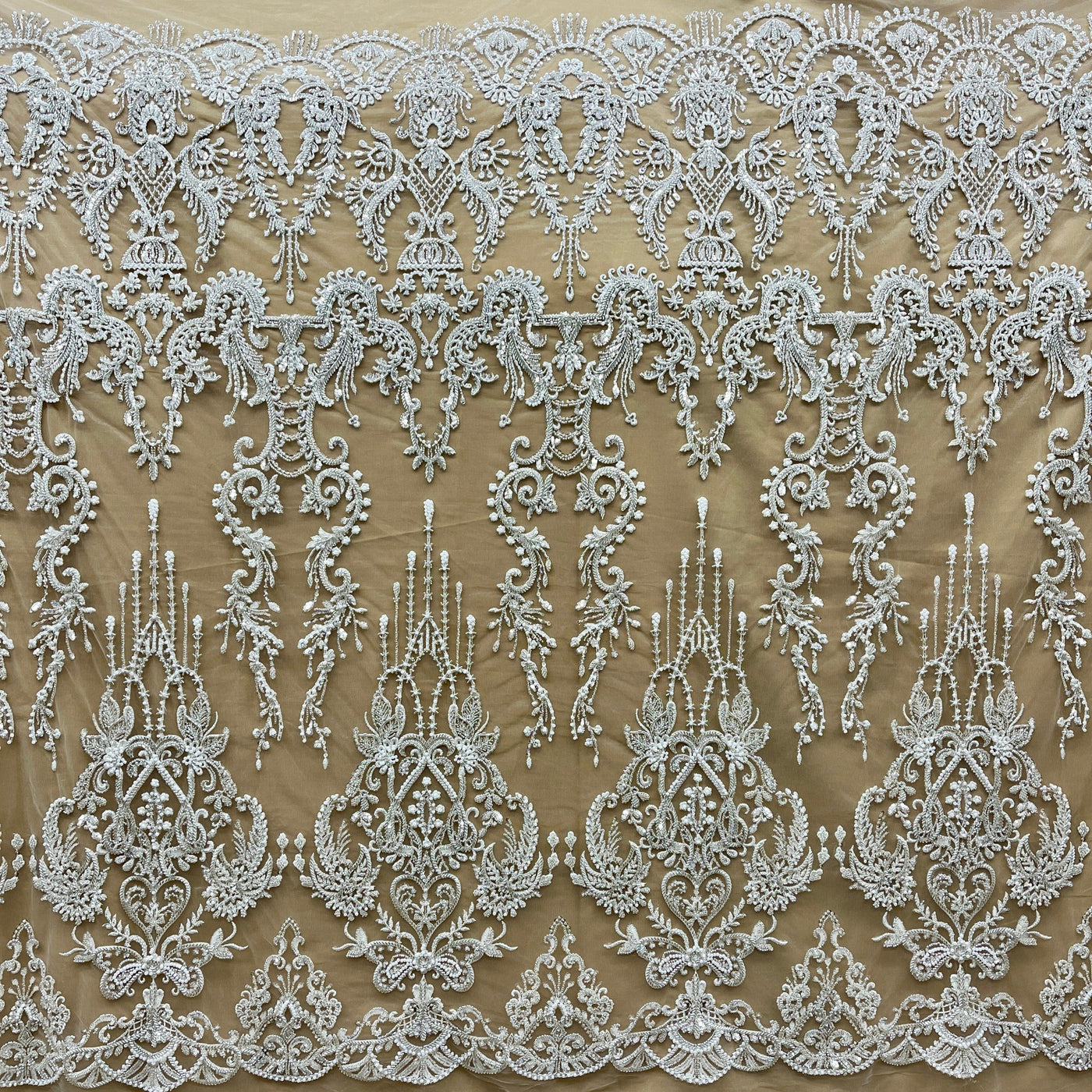 Beaded Lace Fabric Embroidered on 100% Polyester Net Mesh | Lace USA - GD-237189 Antique Silver