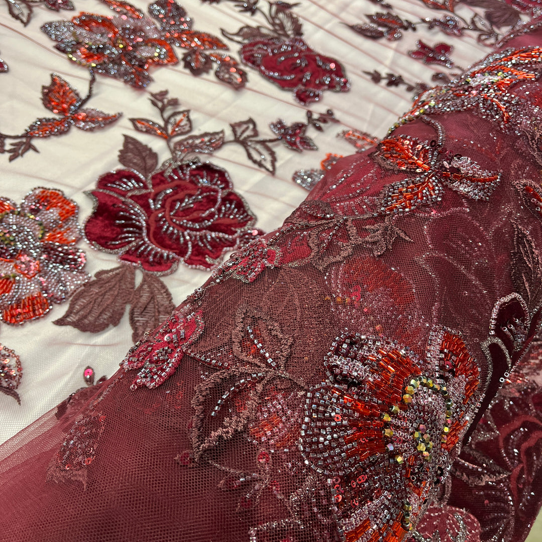 Beaded Lace Fabric Embroidered on 100% Polyester Net Mesh & Velvet | Lace USA - GD-2529