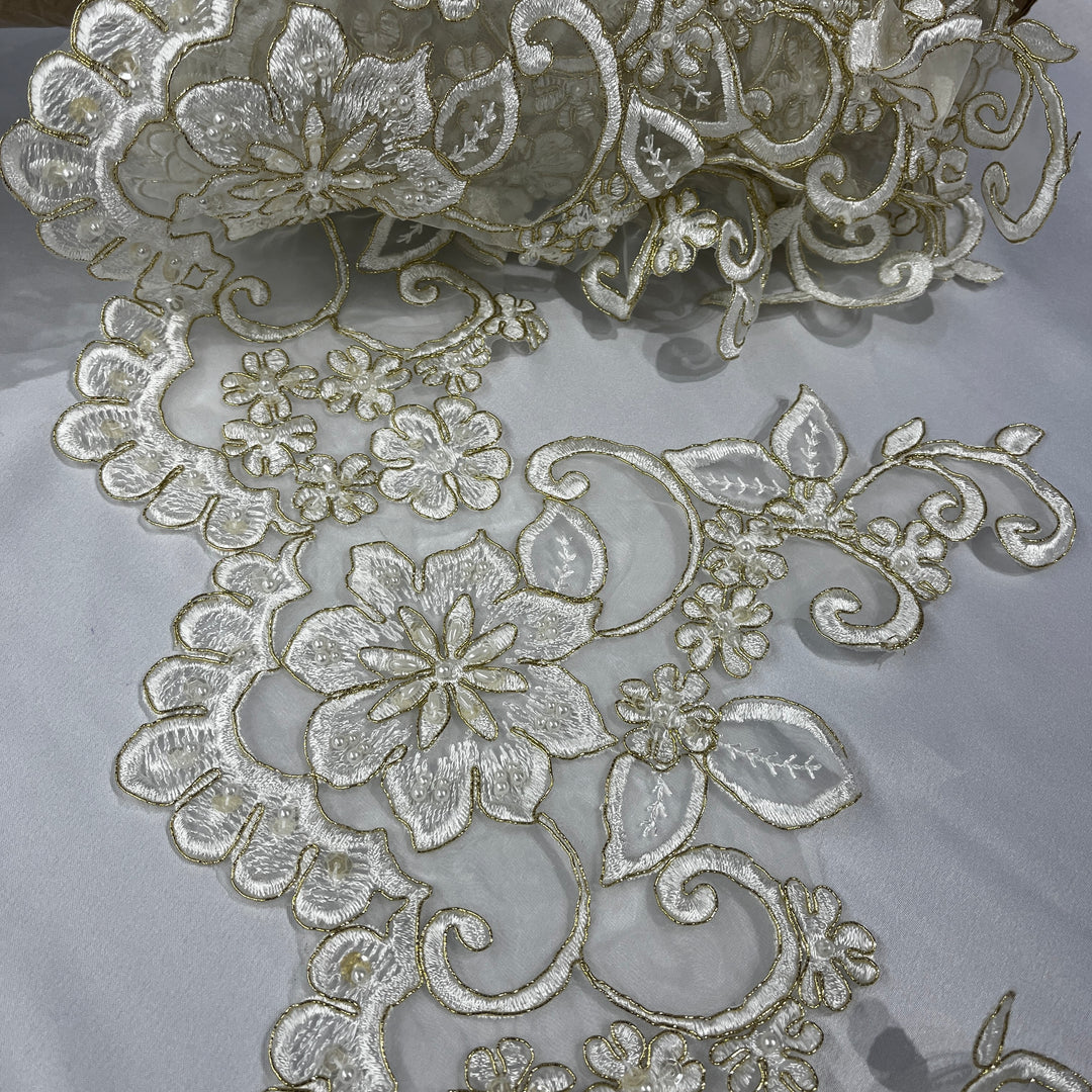 Beaded & Corded Lace Trimming Embroidered on 100% Polyester Organza | Lace USA - 95988N-BP