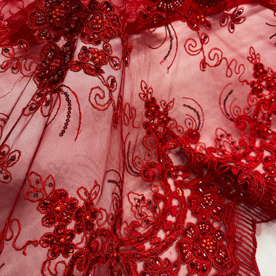 Beaded & Corded Bridal Lace Fabric Embroidered on 100% Polyester Net Mesh | Lace USA - GD-1822 Red