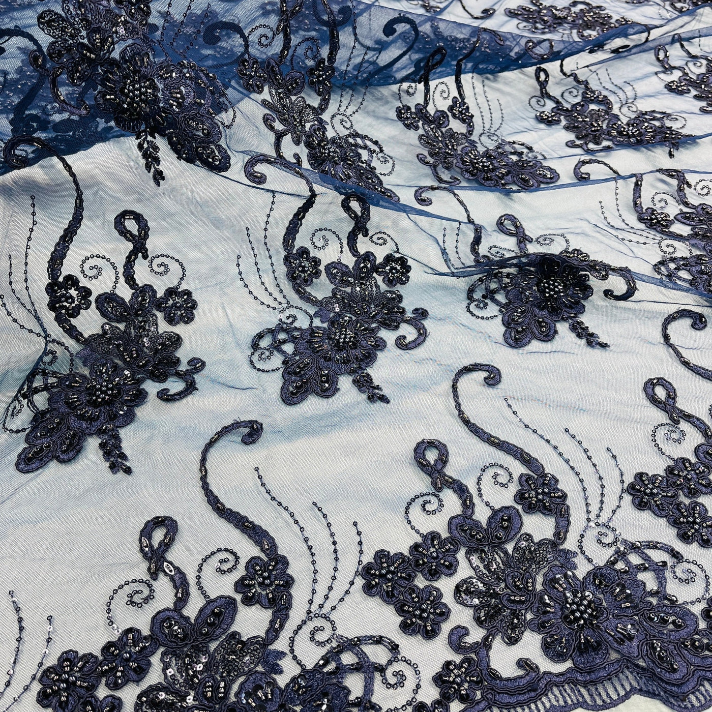 Beaded & Corded Lace Fabric Embroidered on 100% Polyester Net Mesh | Lace USA - GD-1807 Navy