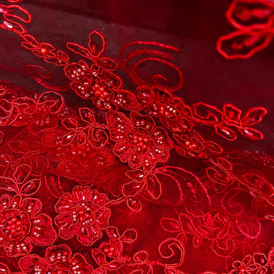 Beaded & Corded Bridal Lace Fabric Embroidered on 100% Polyester Net Mesh | Lace USA - GD-1822 Red