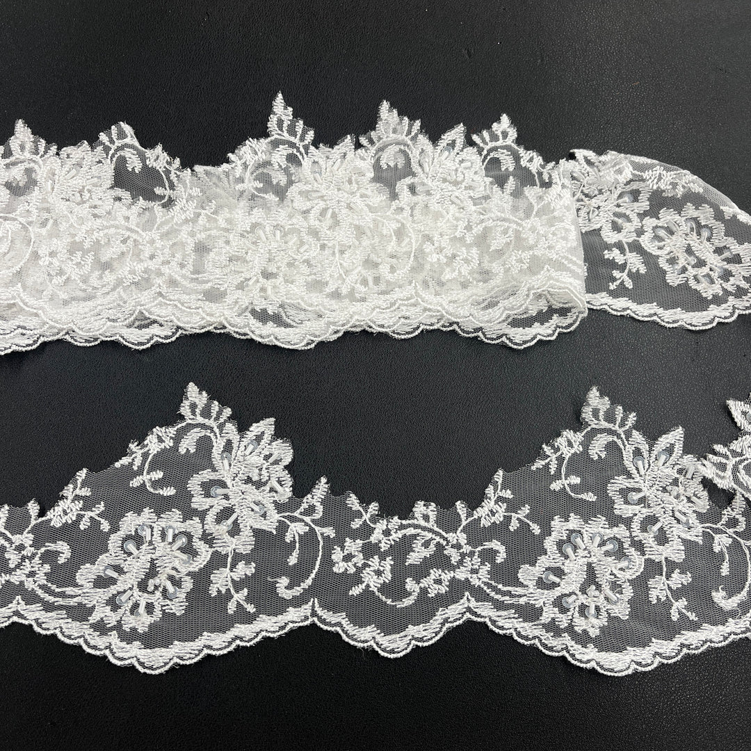 Beaded Lace Trimming Embroidered on 100% Polyester Mesh | Lace USA - 21356W-BP