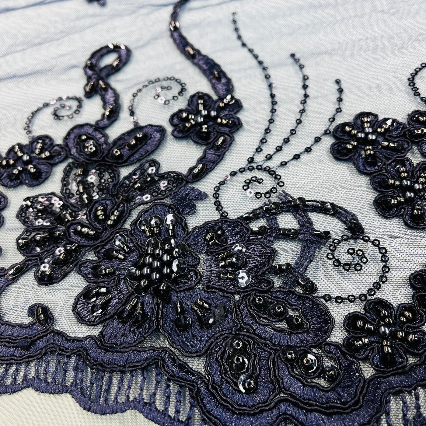 Beaded & Corded Lace Fabric Embroidered on 100% Polyester Net Mesh | Lace USA - GD-1807 Navy