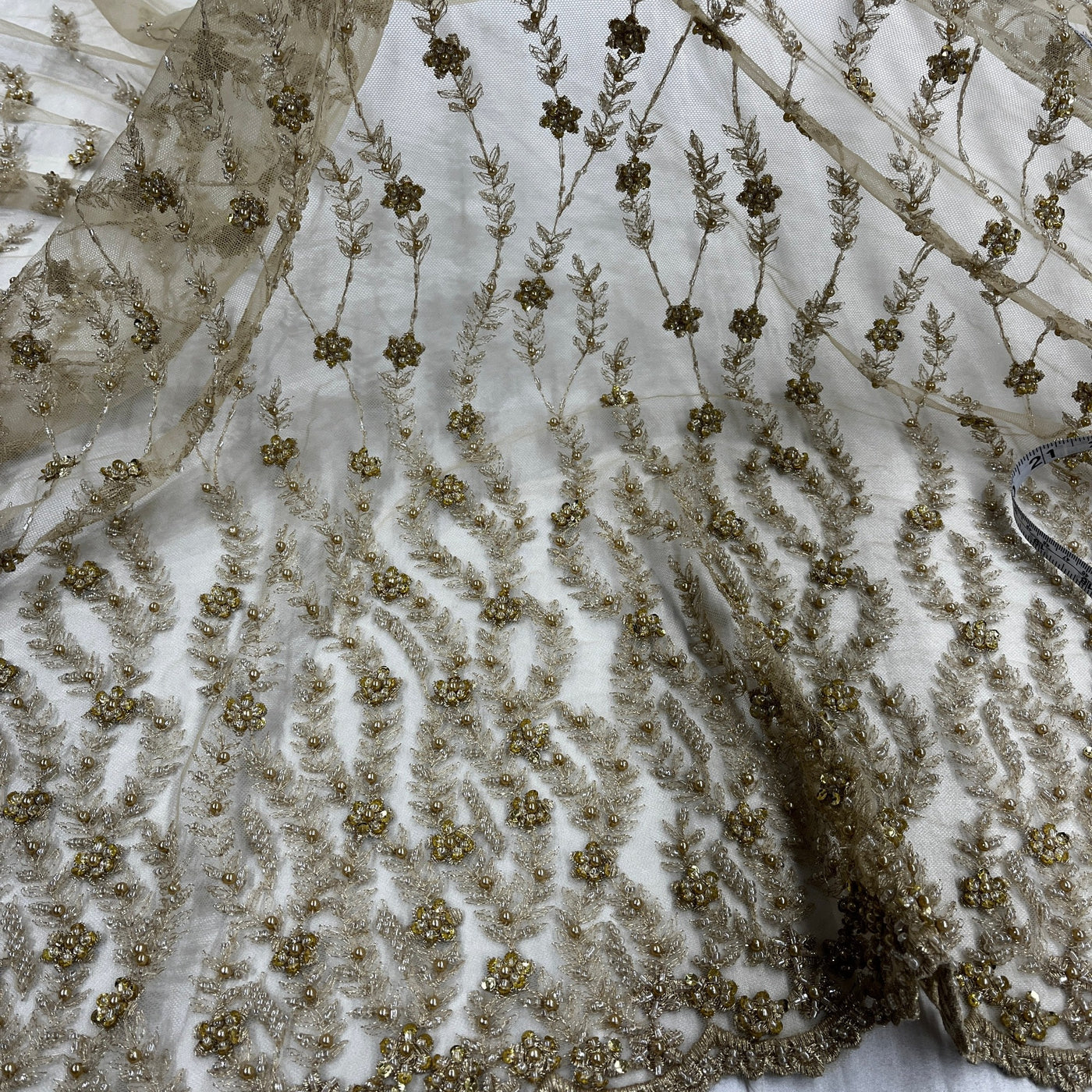 Beaded Lace Fabric Embroidered on 100% Polyester Net Mesh | Lace USA - GD-18613 Gold
