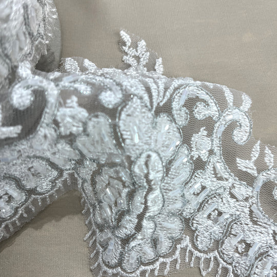 Beaded Lace Trimming Embroidered on 100% Polyester Mesh | Lace USA - 96686W-BP