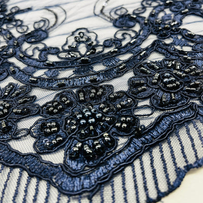 Beaded & Corded Bridal Lace Fabric Embroidered on 100% Polyester Net Mesh | Lace USA - GD-1822 Navy