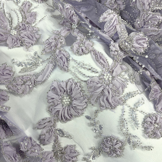 Beaded 3D Floral Lace Fabric Embroidered on 100% Polyester Net Mesh | Lace USA - GD-10143
