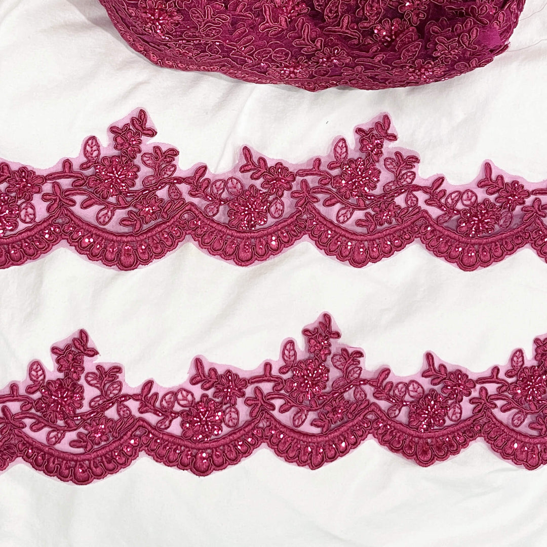 Adorno de encaje floral con cordón y cuentas bordado en malla de red 100 % poliéster | Encaje EE. UU.