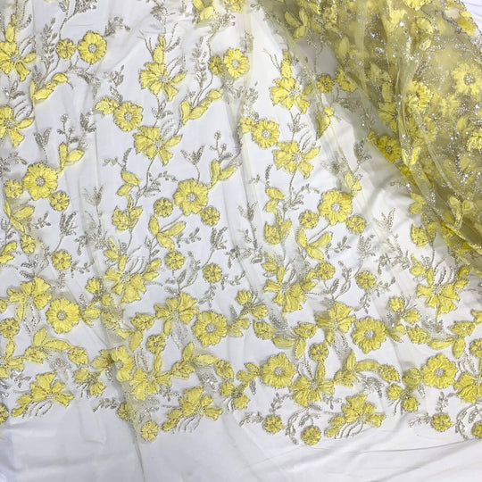 Beaded 3D Floral Lace Fabric Embroidered on 100% Polyester Net Mesh | Lace USA - GD-10143