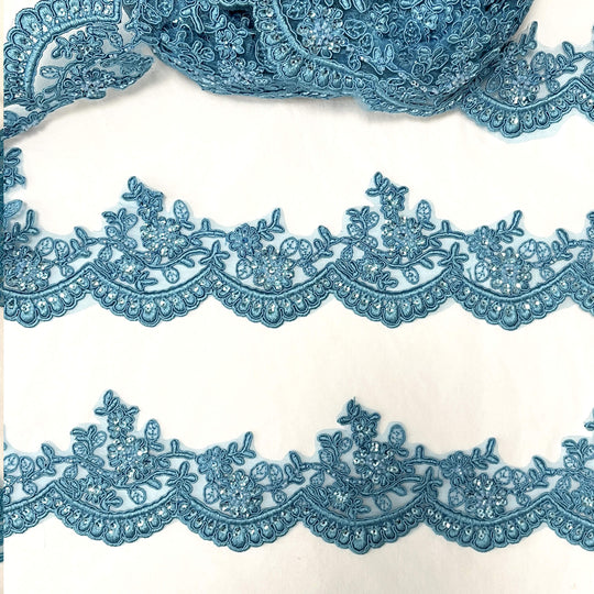 Adorno de encaje floral con cordón y cuentas bordado en malla de red 100 % poliéster | Encaje EE. UU.