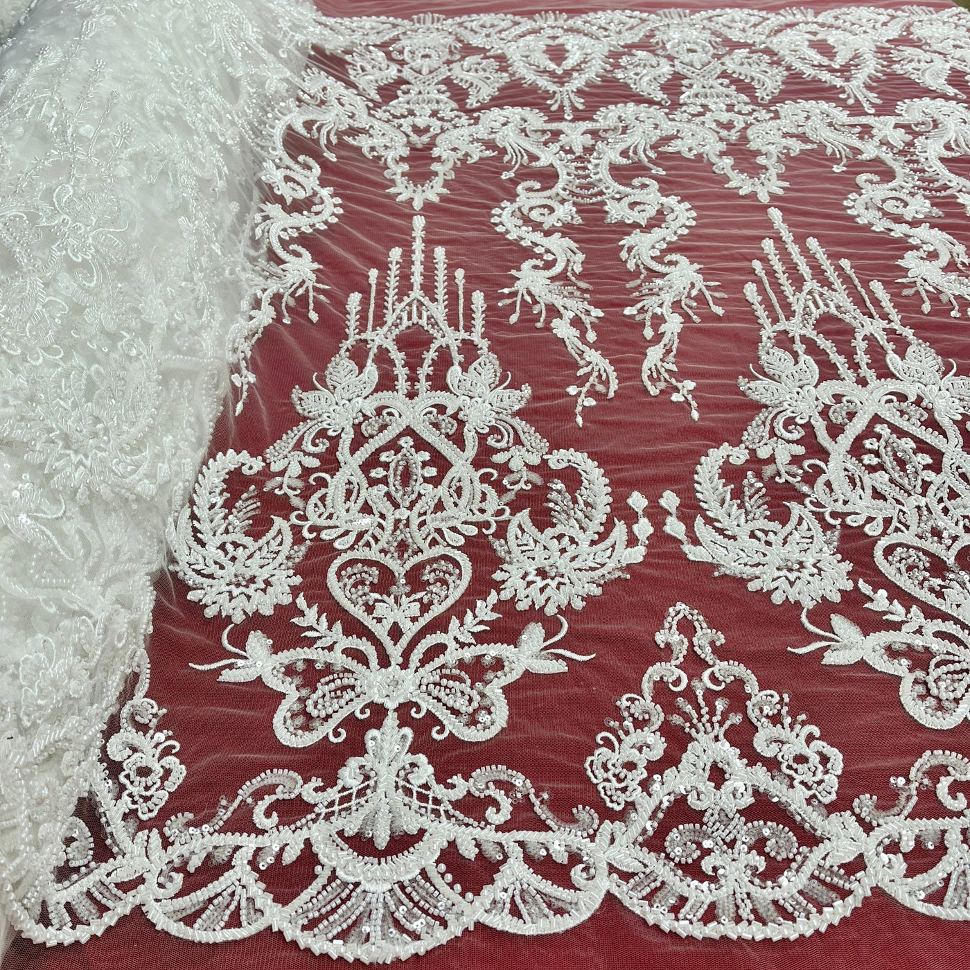 Beaded Lace Fabric Embroidered on 100% Polyester Net Mesh | Lace USA - GD-237189 White