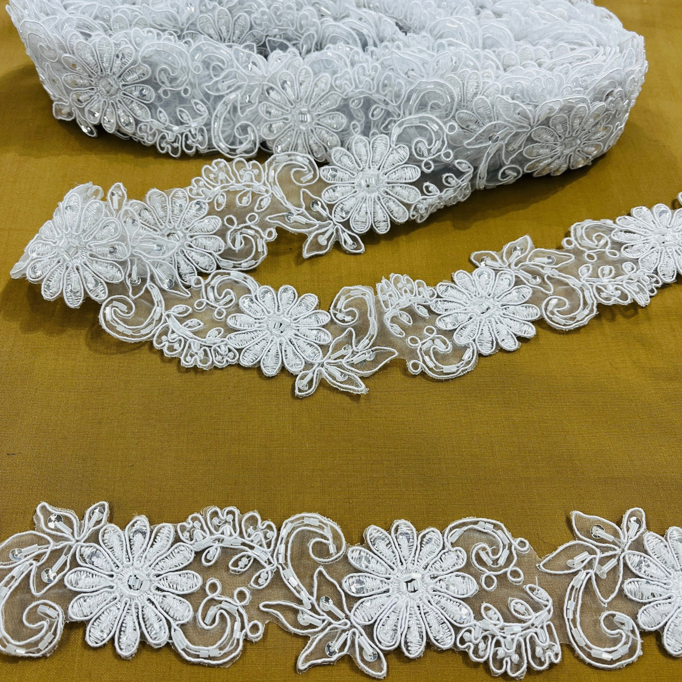 Beaded & Corded Lace Trimming Embroidered on 100% Polyester Organza  | Lace USA - 96275N-BP