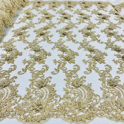 Beaded 3D Floral Lace Fabric Embroidered on 100% Polyester Net Mesh | Lace USA - GD-2302