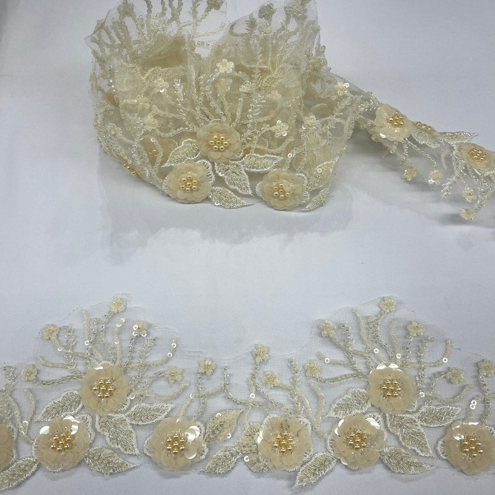Beaded & Corded Floral Lace Trimming Embroidered on 100% Polyester Net Mesh | Lace USA - Y-512