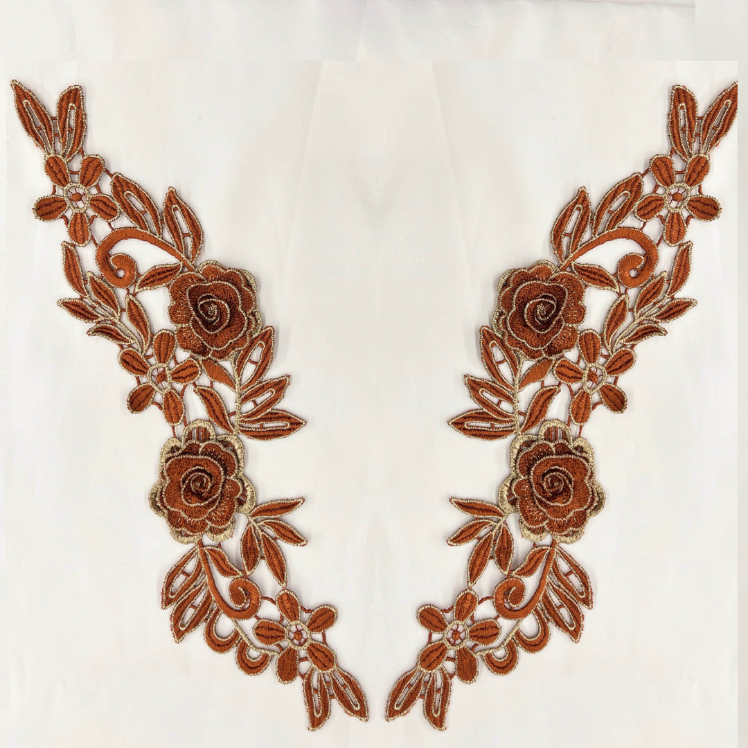 Brick Color 3D Floral Lace Applique Embelished with Gold threading| Lace USA - 55305