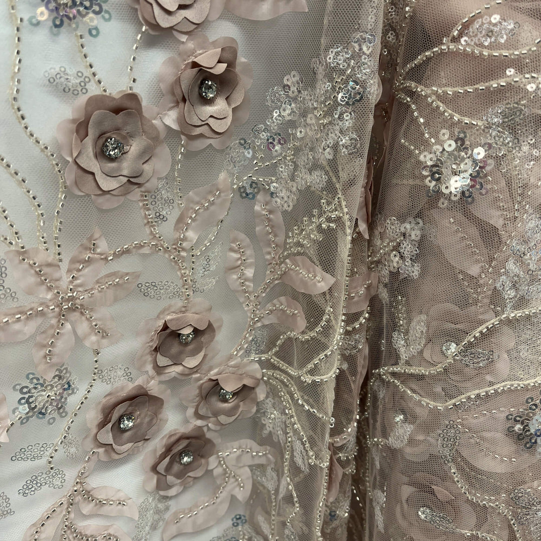 closeup of Champagne Beaded sequined  3D Floral Lace Fabric| Lace USA - GD-229