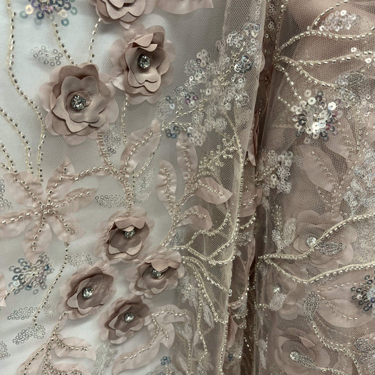 closeup of Champagne Beaded sequined  3D Floral Lace Fabric| Lace USA - GD-229