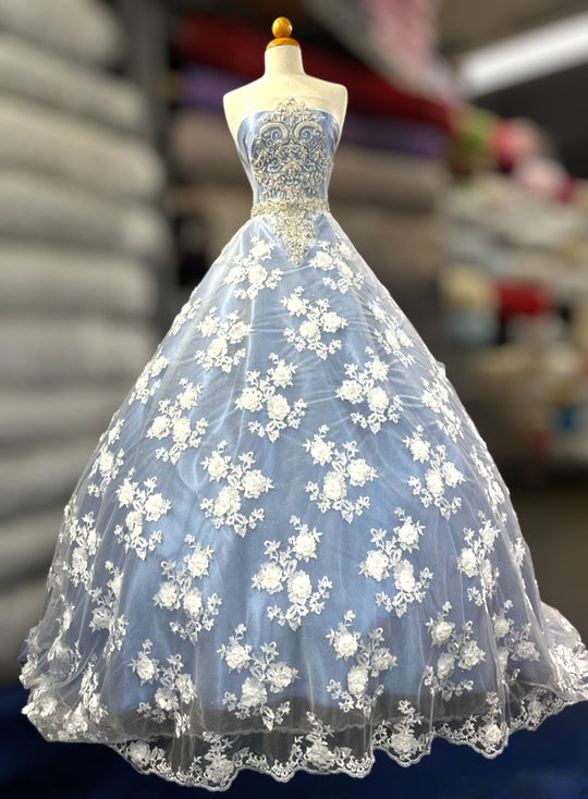 Tela de encaje floral 3D con cuentas bordada en malla de red 100 % poliéster | Encaje EE. UU.