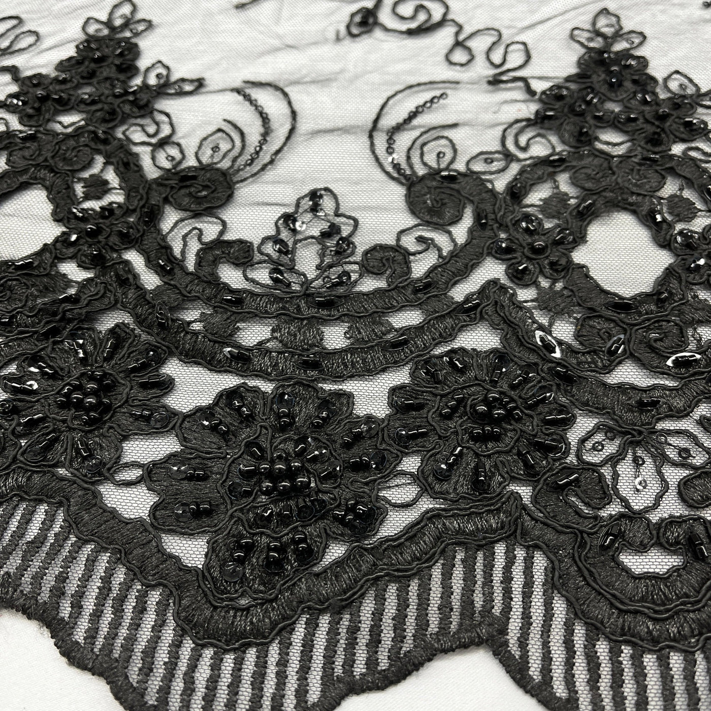 Beaded & Corded Bridal Lace Fabric Embroidered on 100% Polyester Net Mesh | Lace USA - GD-1822 Black