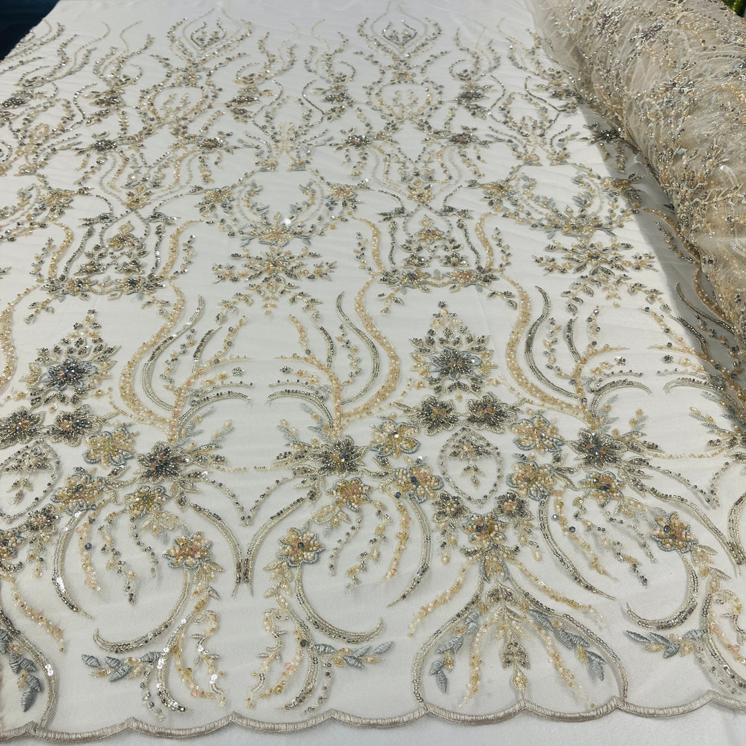 Beaded Lace Fabric Embroidered on 100% Polyester Net Mesh | Lace USA - GD-26227