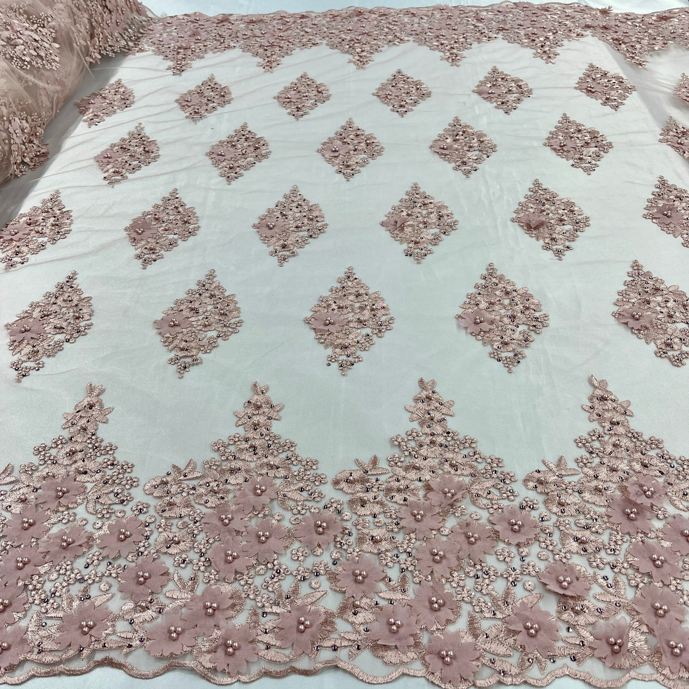 Beaded 3D Floral Lace Fabric Embroidered on 100% Polyester Net Mesh | Lace USA - GD-176