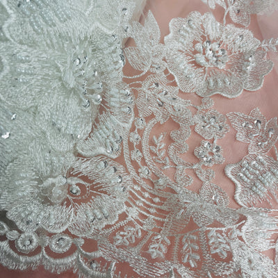 Beaded & Embroidered on 100% Polyester Ivory Mesh Net Lace Fabric. Sold by the Yard Lace Usa