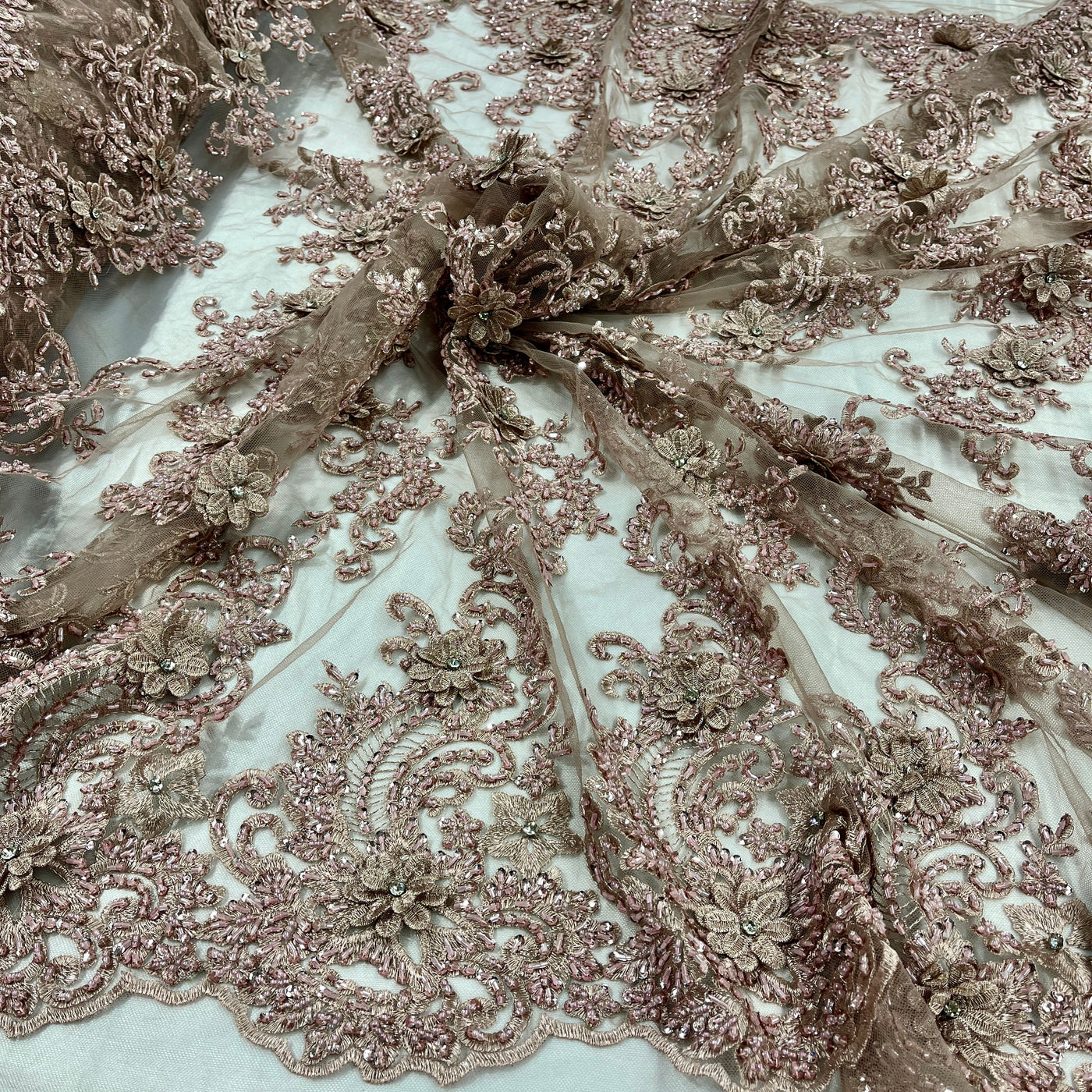 Beaded 3D Floral Lace Fabric Embroidered on 100% Polyester Net Mesh | Lace USA - GD-2302
