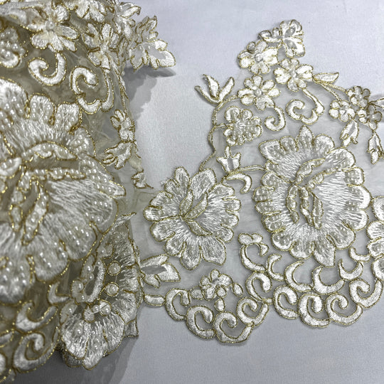 Beaded & Corded Lace Trimming Embroidered on 100% Polyester Organza | Lace USA - 95985N-BP
