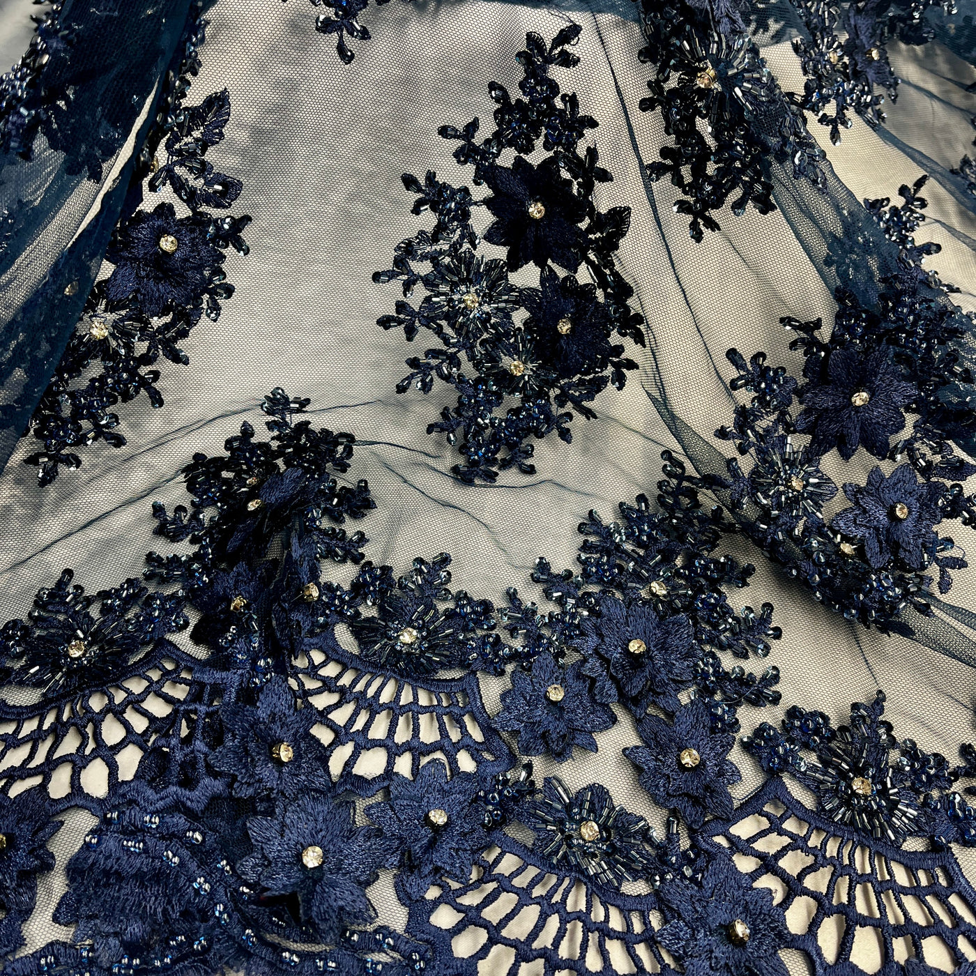 3D Floral Embroidered Net Fabric with Beads & Rhinestones, Sold by the yard. Lace Usa