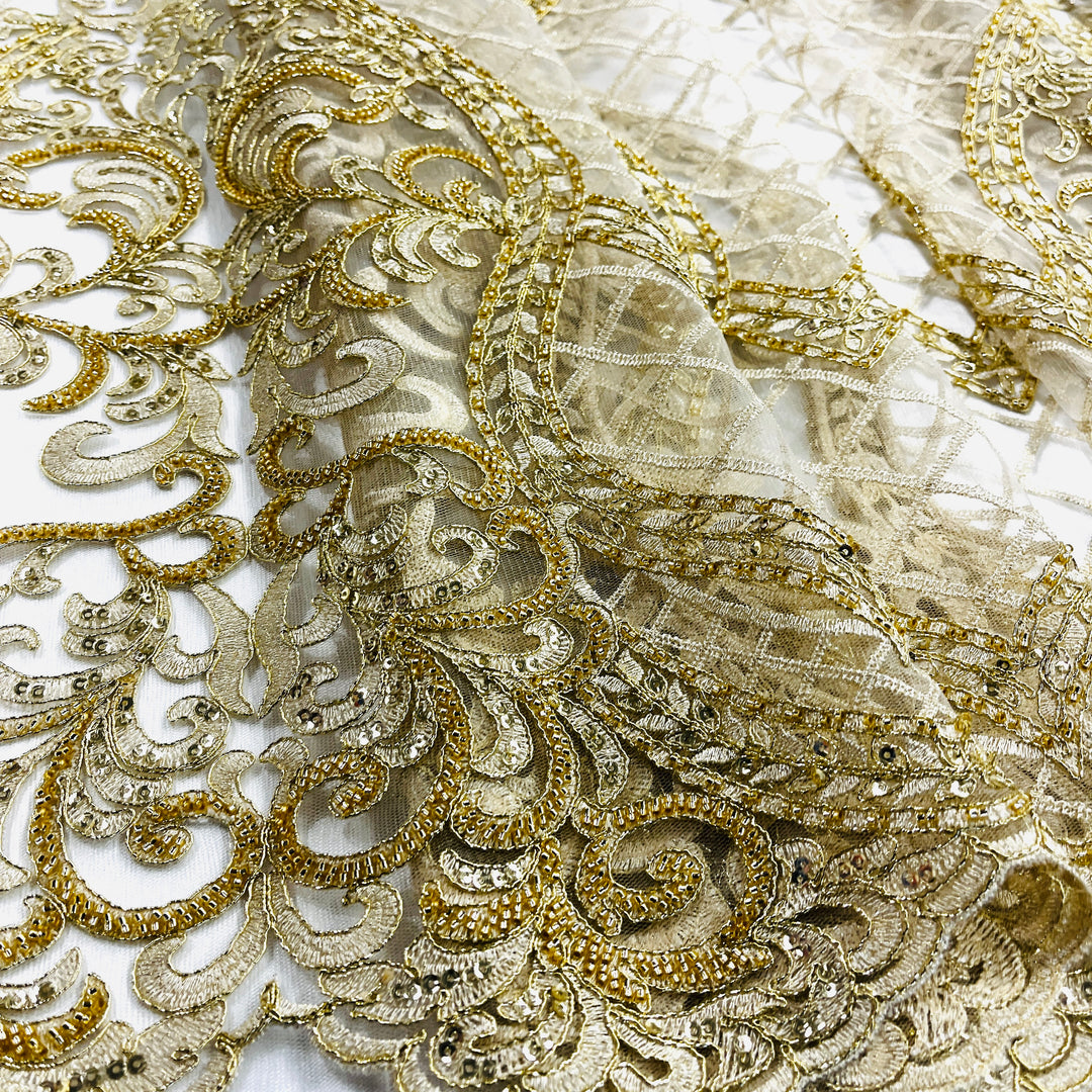 Beaded & Corded Bridal Lace Fabric Embroidered on 100% Polyester Net Mesh | Lace USA - GD-55221