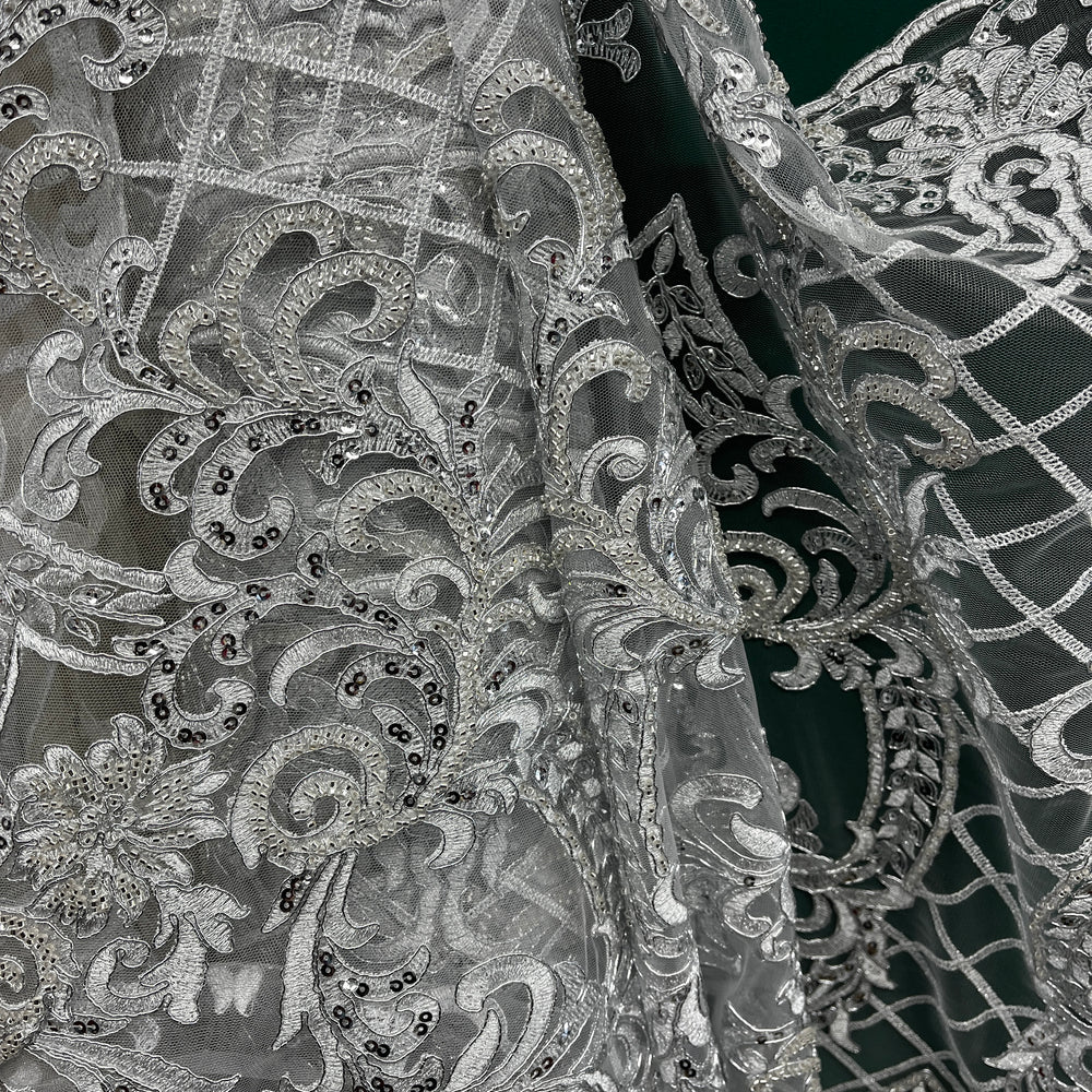 Beaded & Corded Bridal Lace Fabric Embroidered on 100% Polyester Net Mesh | Lace USA - GD-55221