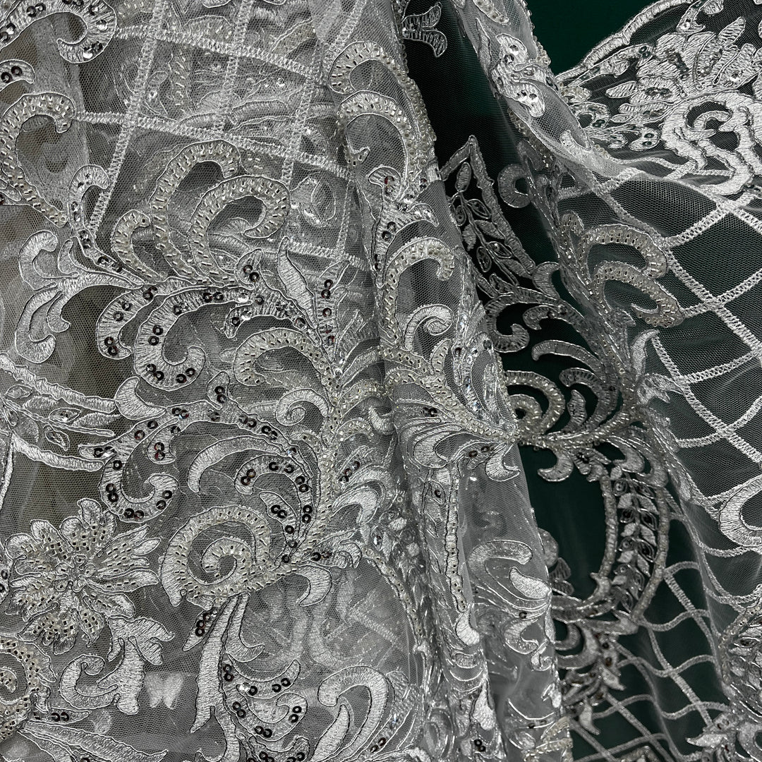 Beaded & Corded Bridal Lace Fabric Embroidered on 100% Polyester Net Mesh | Lace USA - GD-55221