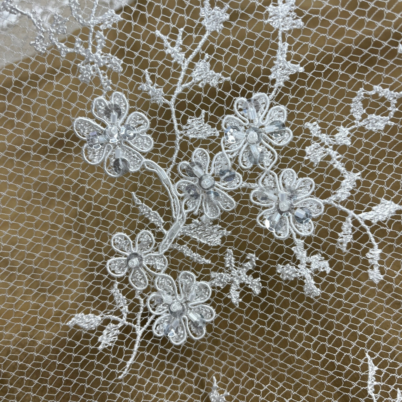 Beaded Lace Fabric Embroidered on 100% Polyester Net Mesh | Lace USA - 96731W-BP White