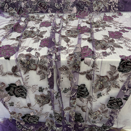 Beaded Lace Fabric Embroidered on 100% Polyester Net Mesh & Velvet | Lace USA - GD-2529