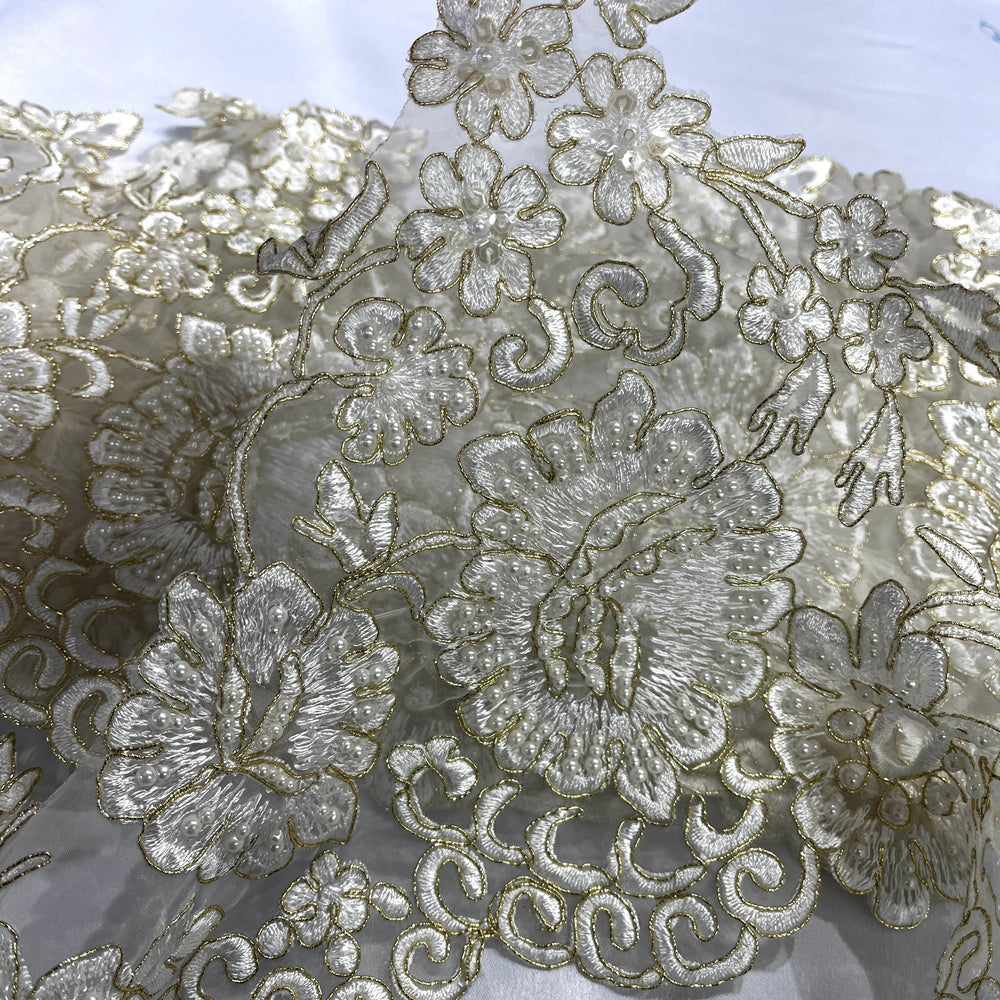 Beaded & Corded Lace Trimming Embroidered on 100% Polyester Organza | Lace USA - 95985N-BP