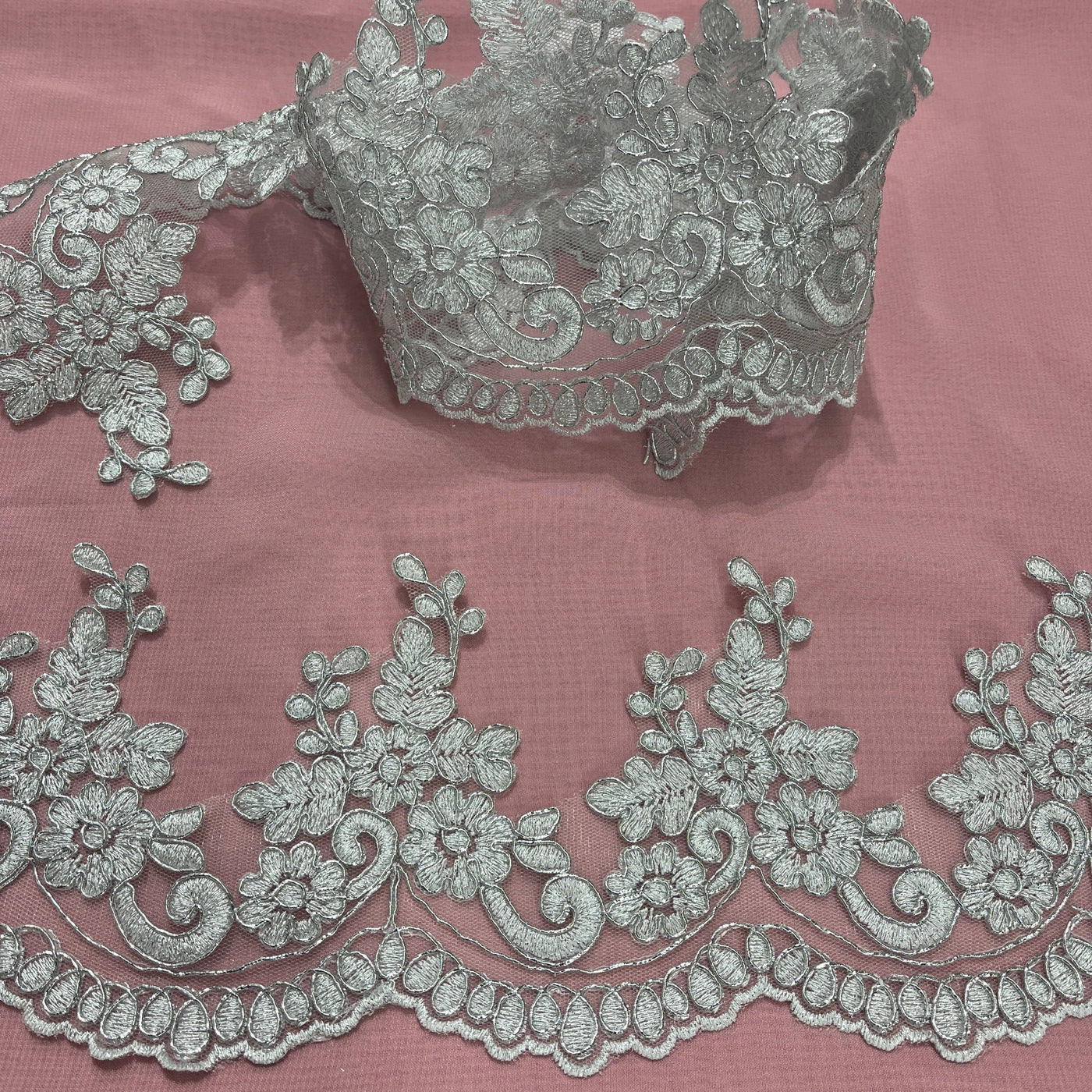 Corded Lace Trimming Embroidered on 100% Polyester Net Mesh | Lace USA - 96988W Silver