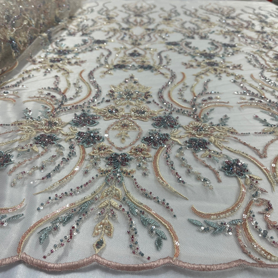 Beaded Lace Fabric Embroidered on 100% Polyester Net Mesh | Lace USA - GD-26227