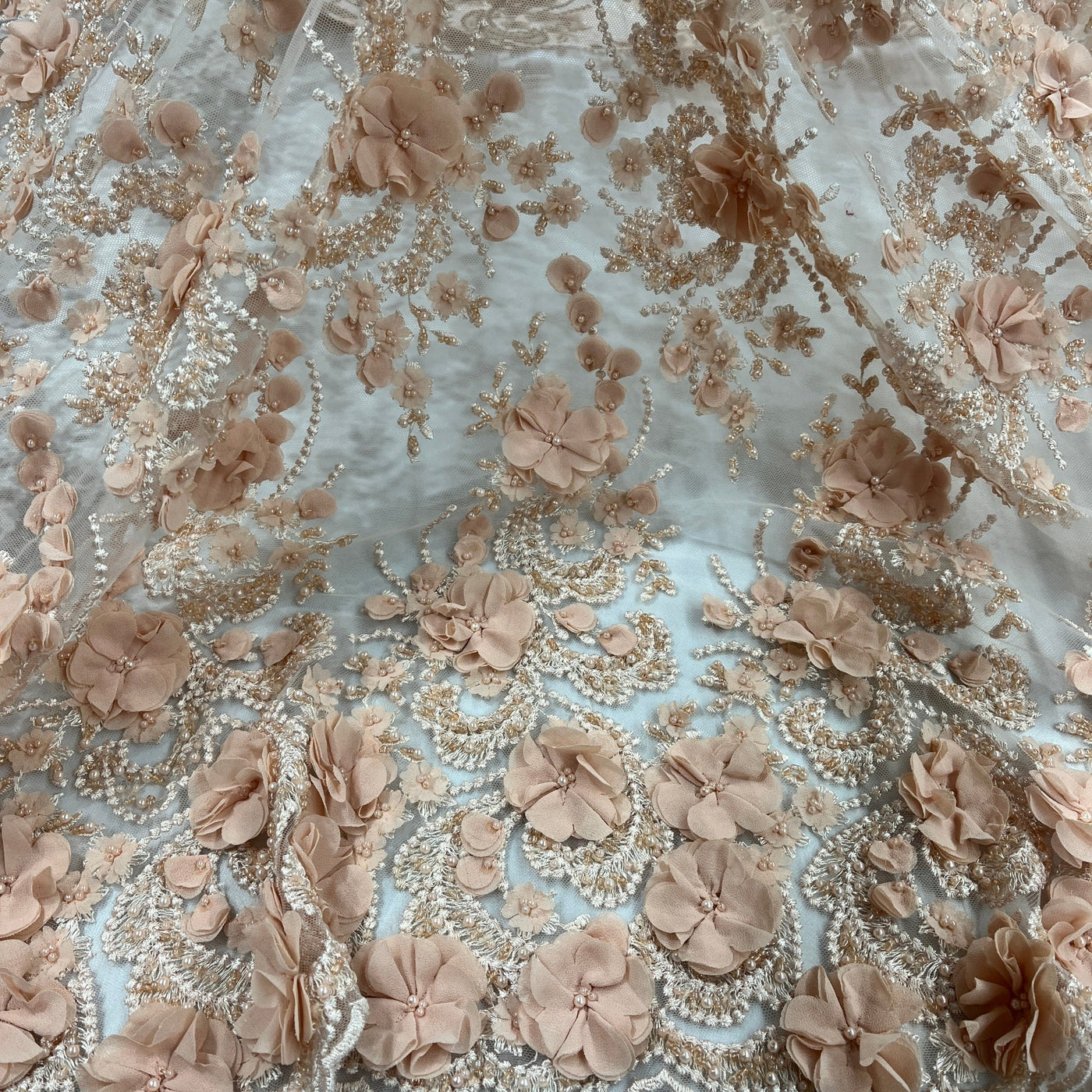 Beaded 3D Floral Lace Fabric Embroidered on 100% Polyester Net Mesh | Lace USA - GD-362