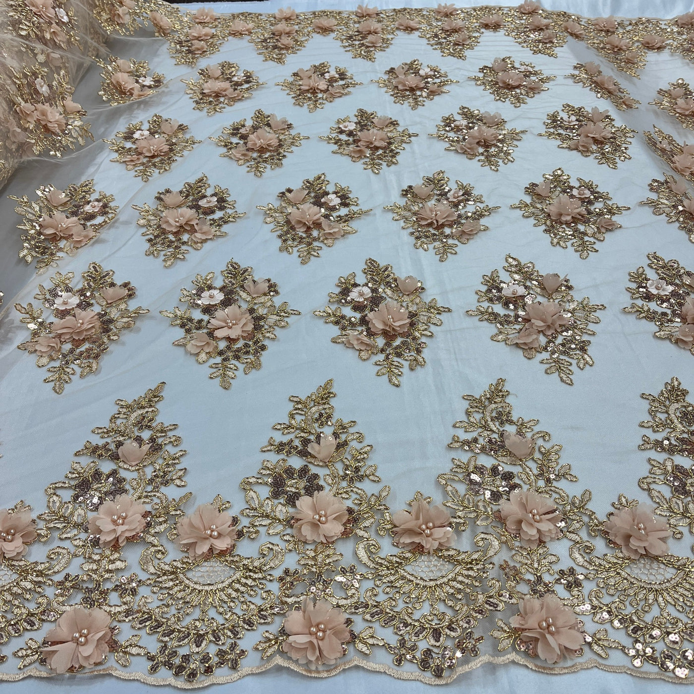 Beaded 3D Floral Lace Fabric Embroidered on 100% Polyester Net Mesh | Lace USA - GD-2702